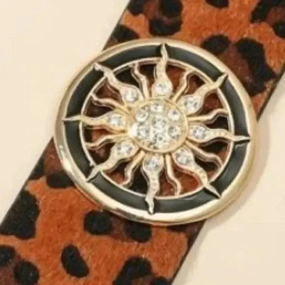 Chic Leopard Print Fur Cuff Bracelet Rhinestone Sun Medallion Boho Gold Jewelry - Picture 4 of 9